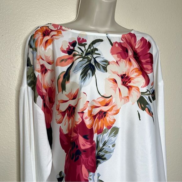 Chicos Floral Front Knit Woven Tee Boat Neck Ivory Ecru Long Sleeve Women Large - Picture 3 of 14